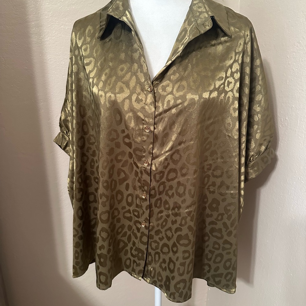 Leopard Print Olive Button-Up Blouse